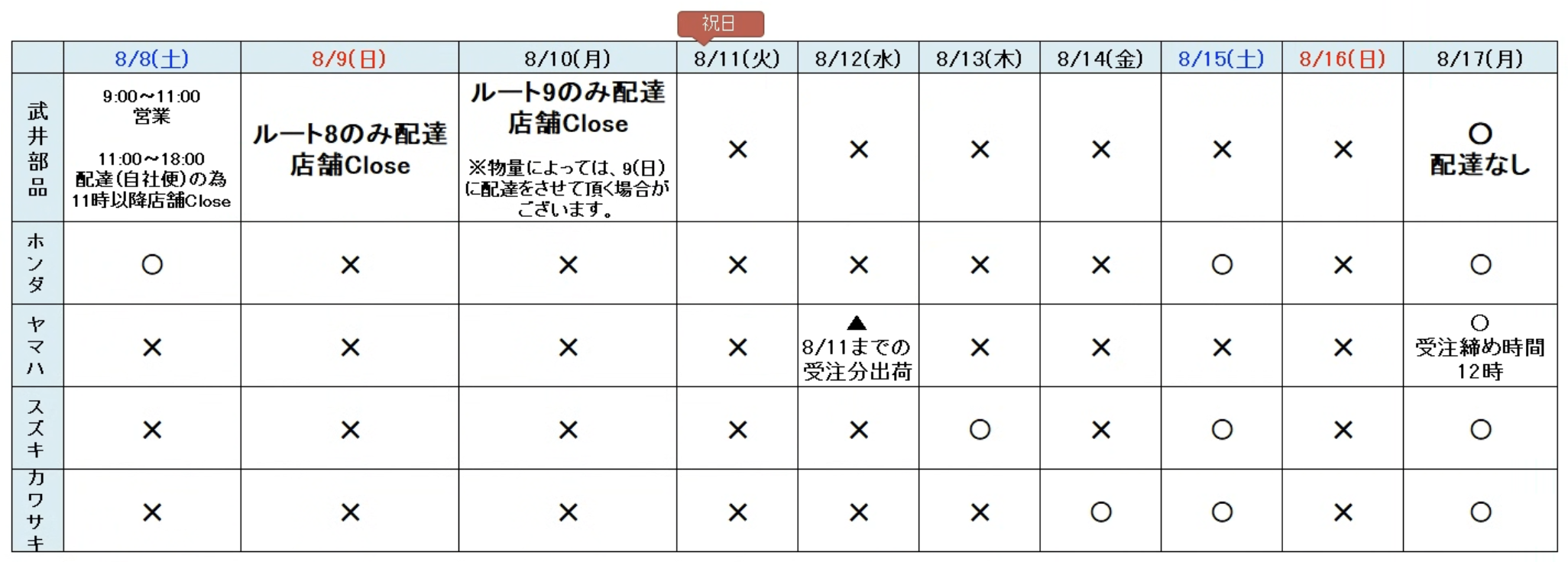 2026年夏季 弊社とメーカーの出荷・営業カレンダー
