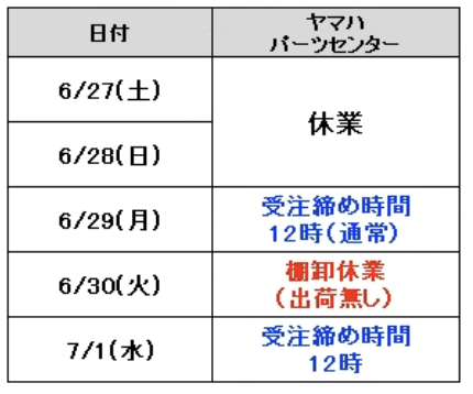 ヤマハ6/30(火)棚卸休業のご案内